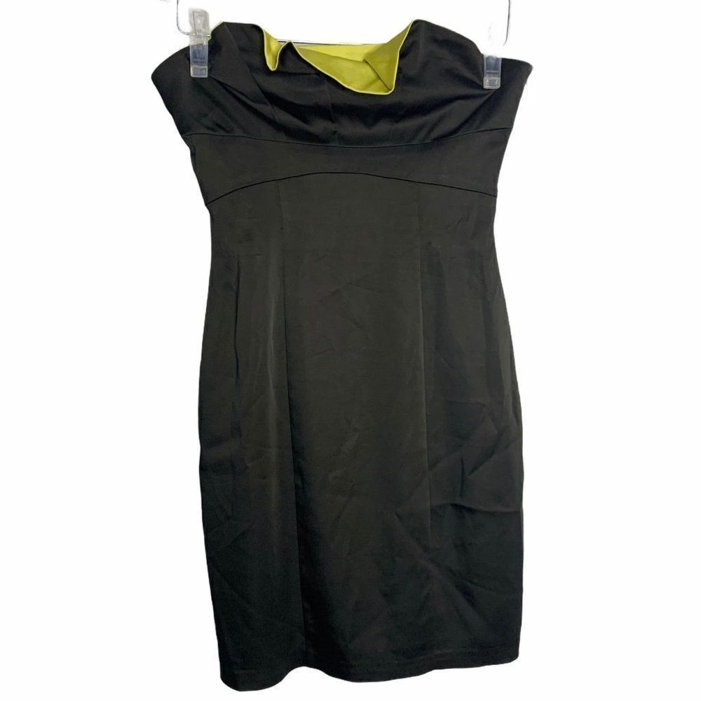 Vintage Y2K BCBG Strapless Mini Dress Womens 0 Black Chartreuse Stretch Boning